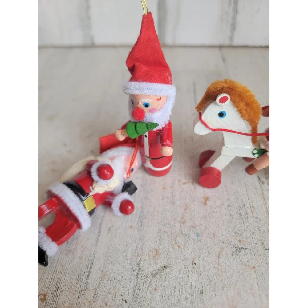 Santa Claus wooden horse vintage ornament Xmas set tree kid pipe